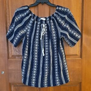 Navy Blue Embriodered Blouse with Tie Front